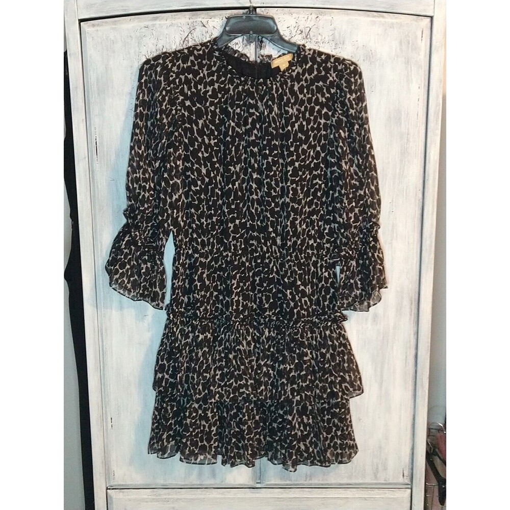 Silk Michael Kors Black and Taupe Animal Print Midi Dress